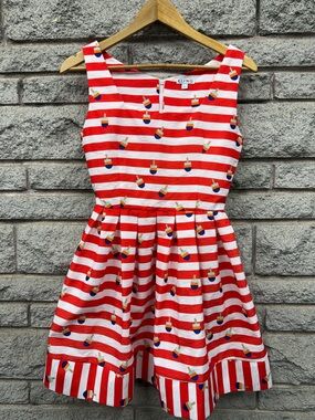 Kling Red & White Striped Girls' Sleeveless Dress with Multicolor Popsicle Motif